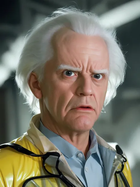 (best quality, high quality, good quality)
doctor emmet brown, back to the future,
(facing viewer, looking at viewer) , thin man with white hair , wearing yellow radioactive biohazard suit, worried anxious surprised shocked expression ,
<lora:characterdocemmetbrown:0.5>