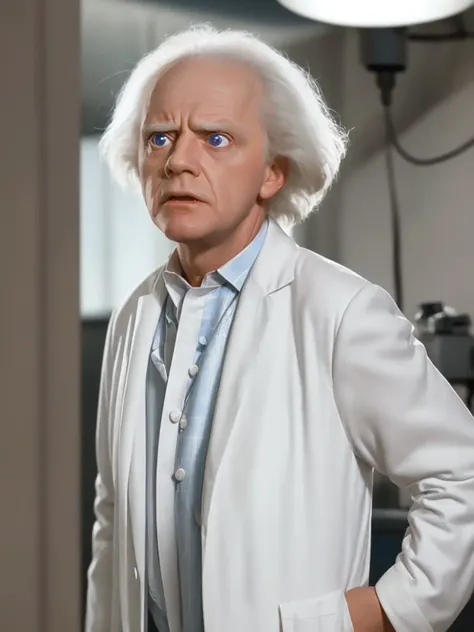 (best quality, high quality, good quality)

doctor emmet brown, back to the future, 
(facing viewer, looking at viewer) , thin  man with white hair , wearing blue shirt bowtie,  white lab coat, worried anxious surprised shocked expression , 

 <lora:characterdocemmetbrown:0.5>