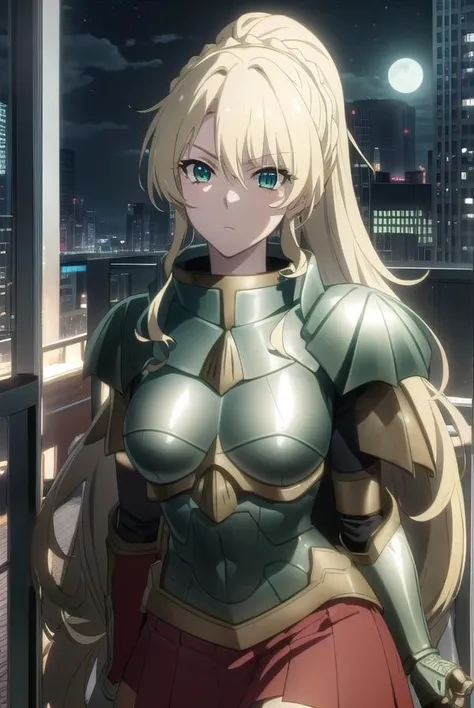 alicetariafebruary, <lora:alicetaria february s1-lora-nochekaiser:1>, 
alicetaria february, long hair, (green eyes:1.3), blonde hair, ponytail, braid,
BREAK skirt, cape, armor, gauntlets, breastplate, red cape,
BREAK outdoor, city, night, sky, buildings, moon, clouds,
BREAK looking at viewer, (cowboy shot:1.5),
BREAK <lyco:GoodHands-beta2:1>, (masterpiece:1.2), best quality, high resolution, unity 8k wallpaper, (illustration:0.8), (beautiful detailed eyes:1.6), extremely detailed face, perfect lighting, extremely detailed CG, (perfect hands, perfect anatomy),