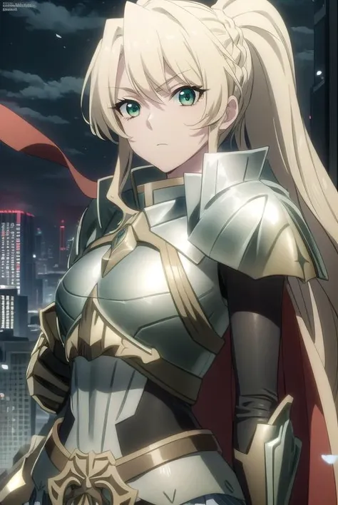 alicetariafebruary, <lora:alicetaria february s1-lora-nochekaiser:1>,
alicetaria february, long hair, (green eyes:1.3), blonde hair, ponytail, braid,
BREAK skirt, cape, armor, gauntlets, breastplate, red cape,
BREAK outdoor, city, night, sky, buildings, moon, clouds,
BREAK looking at viewer, (cowboy shot:1.5),
BREAK <lyco:GoodHands-beta2:1>, (masterpiece:1.2), best quality, high resolution, unity 8k wallpaper, (illustration:0.8), (beautiful detailed eyes:1.6), extremely detailed face, perfect lighting, extremely detailed CG, (perfect hands, perfect anatomy),