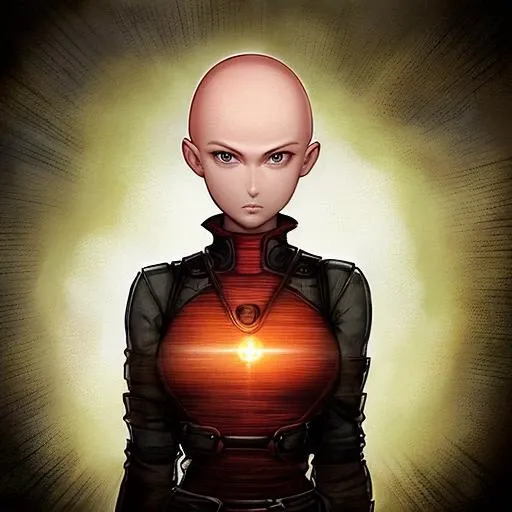woman with (red hair:1.2, (bald:1.5),), (very short hair:1.3) with glowing lights on her chest, Artgerm, stanley artgerm lau,