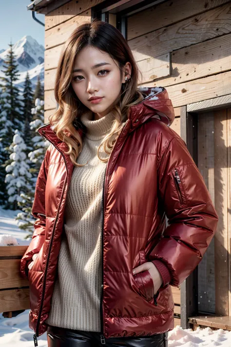 (realistic:1.3), finely detailed, quality, rembrandt lighting, (masterpiece:1.2), (photorealistic:1.2), (best quality), (detailed skin:1.3), (intricate details), dramatic, ray tracing, 1girl, japanese girl, 21 years old, detailed skin texture, (blush:0.5), (goosebumps:0.5), subsurface scattering, smiling, medium breasts, short hair curls, bangs, hair between eyes, ear mufflers, jacket, ski pants, (bright sunny day, snow mountain, alpine slopes, snow), <lora:puffy_jacket-1.0:1>
