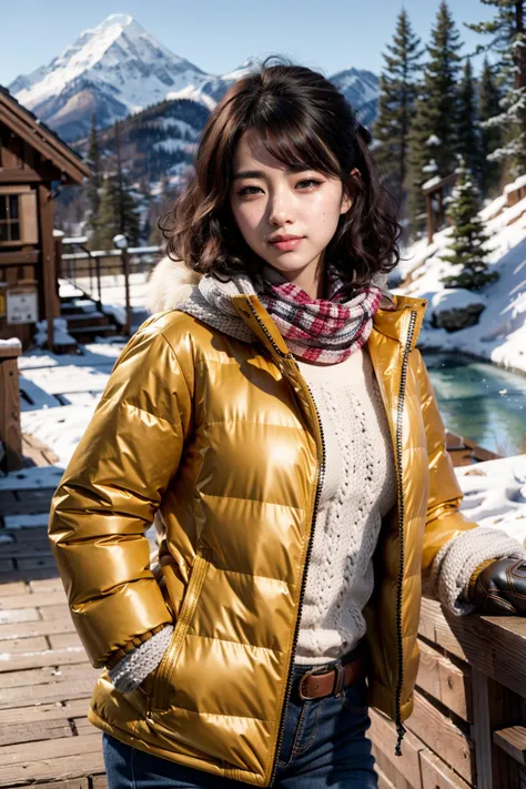 (realistic:1.3), finely detailed, quality, rembrandt lighting, (masterpiece:1.2), (photorealistic:1.2), (best quality), (detailed skin:1.3), (intricate details), dramatic, ray tracing, 1girl, japanese girl, 21 years old, detailed skin texture, (blush:0.5), (goosebumps:0.5), subsurface scattering, smiling, medium breasts, short hair curls, bangs, hair between eyes, (knit scarf:1.2), (mittens:1.3), fur, jacket, closed jacket, ski pants, (bright sunny day, snow mountain, alpine slopes, snow), <lora:puffy_jacket-1.0:1>
