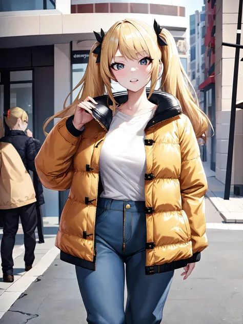 breathtaking 8k, masterpiece, beautiful woman, solo, ((jacket)), shirt, pants, <lora:puffy_jacket-1.0:1>, street, cheeky, side view, gyaru, trendy, blonde hair, twintails