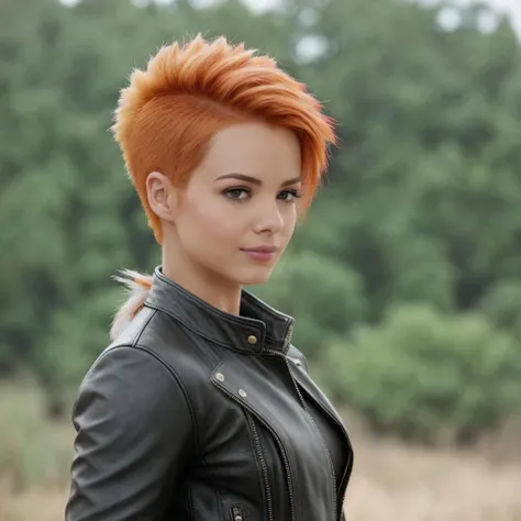 a woman, <lora:ElsaJean:0.7>, elsjn, redhead,(mohawk haircut:1.2), , leather jacket, posing, hdr, cinematic
