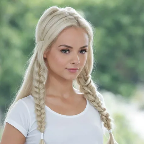 Blonde asian woman with long hair and blue eyes sitting on a patio., blonde braids and blue eyes, pale skin curly blond hair, white braids, Looks like a mix of grimes, Looks like a mix of grimes, It looks like a mixture of dirt, White hair fears, white braided hair, Similar to a mixture of dirt, Girl with white hair, Perfect white hair girl portrait close up