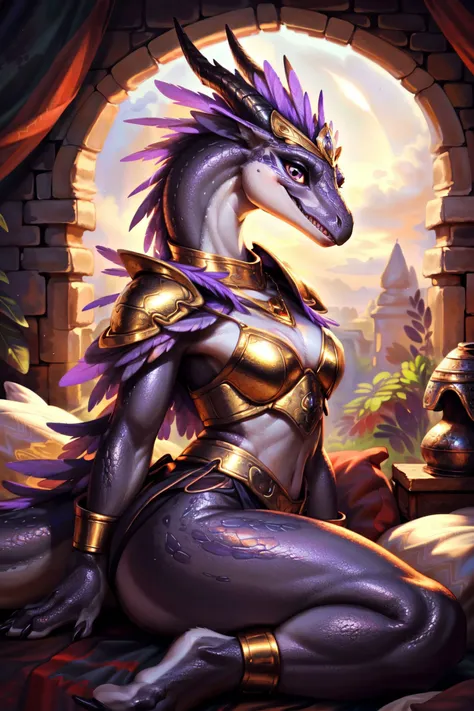 <lora:add_detail:1>, <lora:Furtastic_Detailer:0.8>,
 ultra realistic, masterpiece, [wildlife|fashion] photography,
side view, slightly above,
(cute female Magenta raptor scalie), young, intricate detailed scales, glossy iridescent scales, thick thighs, slim body, flat chest, rendered eyes, (horns),
spines, big eyes, short tail, (crest feathers), (feathered headdress), raptor head, (kobold:0.4), perfect thighs, [Secretary Bird],
((Oathbreaker Paladin outfit, Dark corrupted version of traditional paladin armor)),
golden bracelet, golden anklet, golden necklace, intricate gold,
uploaded on e621, (by Hasui Kawase:0.5), by Barbara Takenaga, (by darkgem:0.5), by Affandi, by Beatrice Ethel Lithiby, by Catcouch,
Playful Peek-a-Boo, Half-hidden behind a plush cushion, peeking out with a mischievous grin, creating an irresistibly cute and playful pose, dominant pose,
jolteon, <lora:Y1-Furry-Eeveelution:0.6>,
<lora:clevergirl-v1:0.3>, clevergirl, reptile, scalie, sharp teeth, velociraptor,
nadia la arwall, short purple hair, <lora:Nadia:0.4>,
evil grin, seductive, (open mouth:0.5),
(spread legs:0.9),
golden hour, evening,
(wild steppe, sparse vegetation, rugged hills and rocks, epic dramatic clouds, god-rays),
Lush Canopy, A vibrant tapestry of overlapping leaves and foliage, dense and verdant overhead canopy, Mystical Moon Gates, Ornate gates adorned with crescent moons, collection of seaglass gleaming in various colors under the sun, Transparent Aluminum Flooring, Flooring made from transparent aluminum, providing a futuristic and sturdy surface that allows glimpses into the lower levels of the structure,
detailed, realistic, 8k uhd, high quality, high quality photography, 3 point lighting, flash with softbox, 4k, Canon EOS R3, hdr, smooth, sharp focus, high resolution, award winning photo, 80mm, f2.8, bokeh, cinematic composition, cinematic lighting, highly detailed, masterpiece, best quality, realistic, (intricate:0.9), (high detail:1.4), film photography, sharp focus,