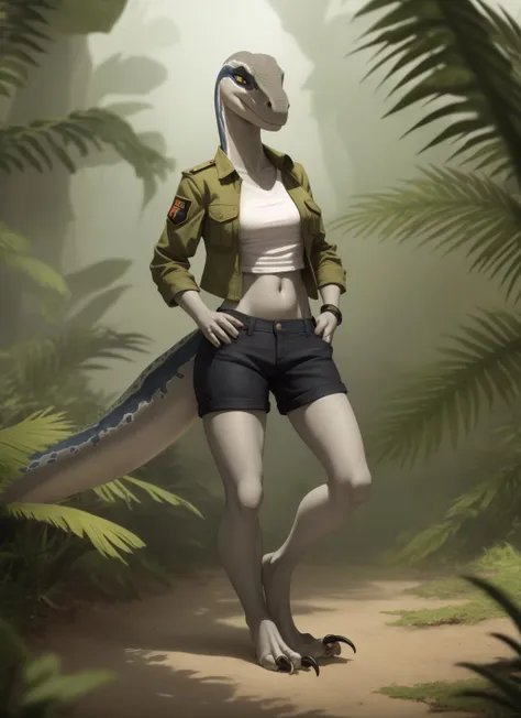 clevergirl, 1girl, furry female, anthro, (grey skin:1.2), grey scales, dinosaur girl, portrait, part ranger, shirt, khaki jacket, khaki shorts, midriff, solo, (best quality), (jungle background:1.2), cinematic lighting, (detailed scales:1.1), barefoot, feet, looking at viewer, tail, claws, <lora:clevergirl-v1:1>