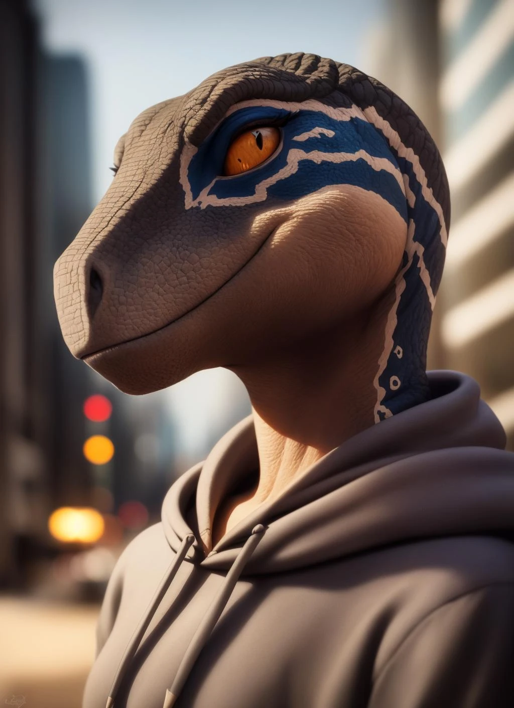 clevergirl, furry female, anthro, light grey skin, grey scales, dinosaur girl, portrait, close-up, (blue hoodie:1.3), solo, (best quality), (detailed urban background:1.2), dramatic lighting, (detailed scales:1.1), looking at viewer,<lora:clevergirl-v1:1>