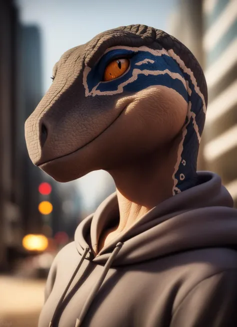 clevergirl, furry female, anthro, light grey skin, grey scales, dinosaur girl, portrait, close-up, (blue hoodie:1.3), solo, (best quality), (detailed urban background:1.2), dramatic lighting, (detailed scales:1.1), looking at viewer,<lora:clevergirl-v1:1>