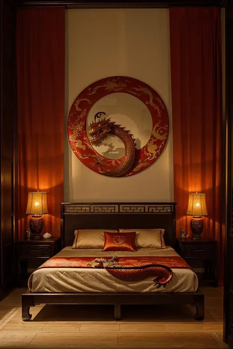 bedroom, oriental bed, chinese, ying and yang symbol, dragon statue, red, dim light, futuristic, satin, red curtain, golden, ornament, mirror, ornate, detail, traditional, wooden floor, <lora:ARWOrientalInterior:1>