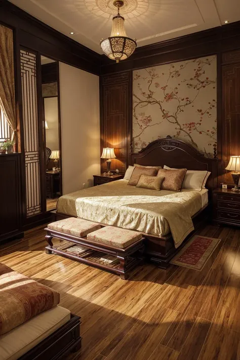 a bedroom, oriental, red, dim light, futuristic, satin, golden, ornament, mirror, ornate, detail, traditional, wooden floor, <lora:ARWOrientalInterior:1>
