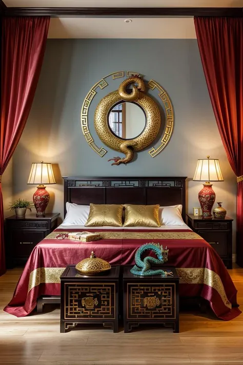 bedroom, oriental bed, chinese, ying and yang symbol, dragon statue, red, dim light, futuristic, satin, red curtain, golden, ornament, mirror, ornate, detail, traditional, wooden floor, <lora:ARWOrientalInterior:1>