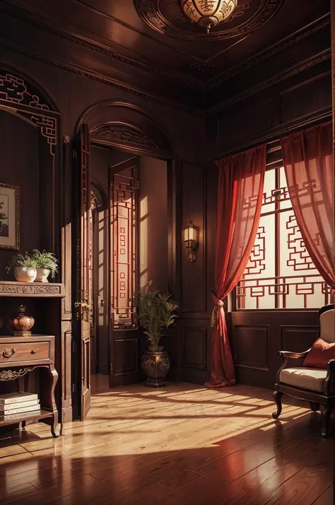 living room, oriental, chinese, red, dim light, futuristic, satin, red curtain, golden, ornament, mirror, ornate, detail, traditional, wooden floor, <lora:ARWOrientalInterior:1>