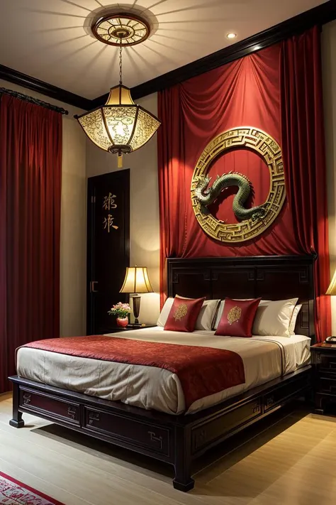 bedroom, oriental bed, chinese, ying and yang symbol, dragon statue, red, dim light, futuristic, satin, red curtain, golden, ornament, mirror, ornate, detail, traditional, wooden floor, <lora:ARWOrientalInterior:1>