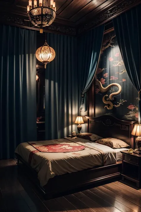 bedroom, oriental bed, chinese, ying and yang symbol, dragon statue, red, dim light, futuristic, satin, red curtain, golden, ornament, mirror, ornate, detail, traditional, wooden floor, <lora:ARWOrientalInterior:1>