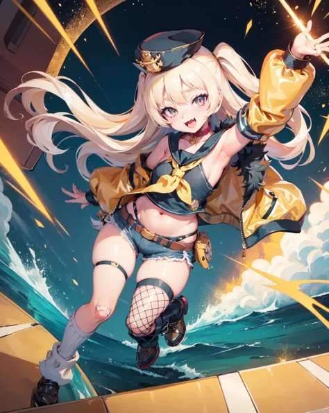 (masterpiece), best quality,masterpiece, ultra detailed, highres,(light rays),best quality,
fur-trimmed jacket, yellow jacket,loose socks, sailor hat, bandaid on knee,(single thighhigh), fur trim,fishnet thighhigh,two side up,
sailor costume, bache, 1girl, solo, breasts, looking at viewer, blush, smile, small breasts, sleeveless, belt,micro shorts, denim shorts, dynamic pose, battleship,warship,
<lora:bache_azur_lane-09:1> ,