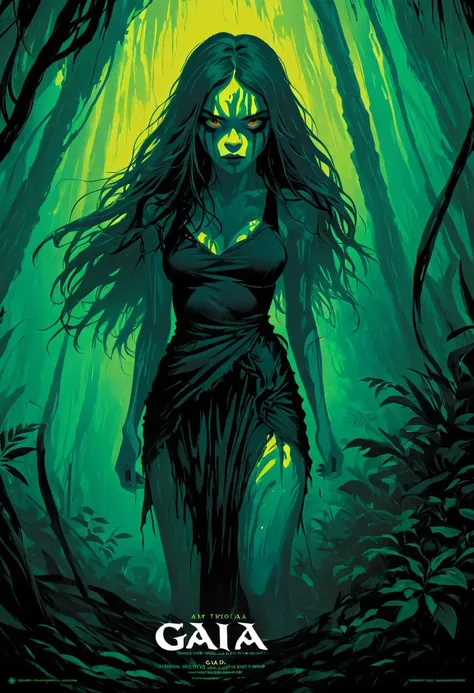 poster of a horror movie titled (GAIA:1.4), young woman in an aggressive pose towards viewer, long messy hair, wearing black torn rags and dirty skin , bold lines, (saturated colors:0.7), digital painting by tom whalen, detailed environment of a tropical forest and a waterfall on the background, <lora:Stefan_Gesell_style_m:0.7> 5GPstyle, <lora:Tom_Whalen_XL:1>