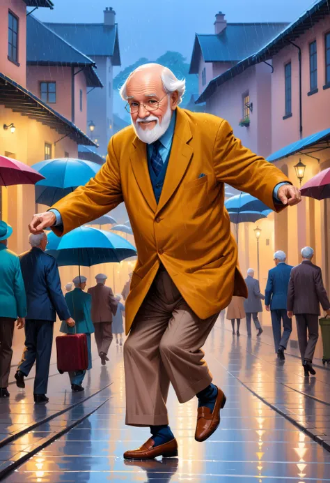 Old man dancing in the rain, soft outlines, perfect eyes, dark pupils, magnificent, celestial, ethereal, painterly, epic, majestic, magical, fantasy art, dreamy,