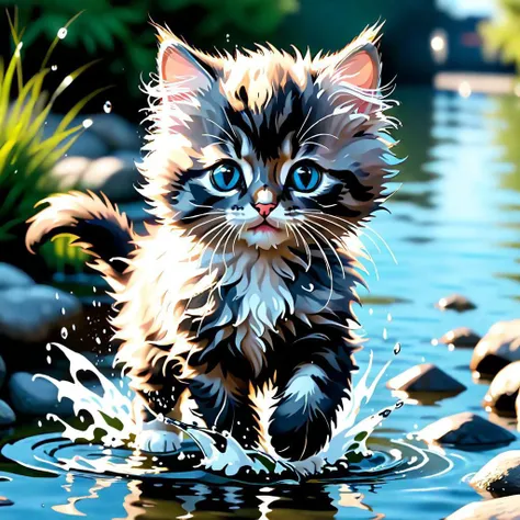 Fluffy Kitten walking in water