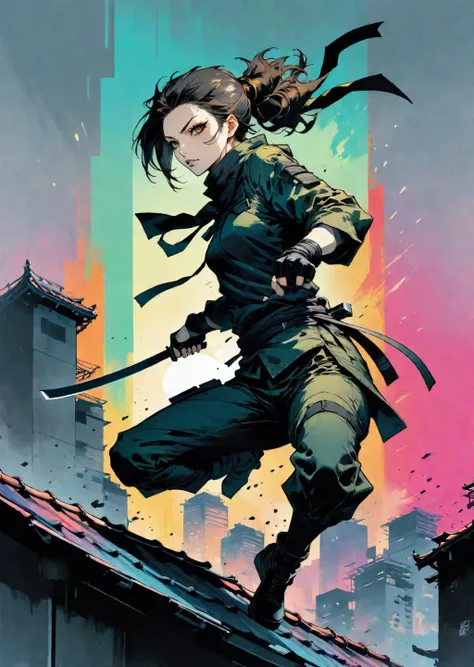 1 female,
ninja
jumping on roof
colorful
gradient
(artwork in the style of Yoji Shinkawa Dave McKean Meobius :1.5)