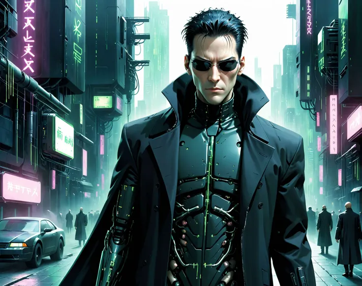1man imposing Cyberpunk Neo from the matrix but a cyborg robot, with a dark, sinister face with black sunglasses, dressed in a long, black coat. . In a futuristic cyberpunk city , .<lora:xl_more_art-full_v1:0.5> ((The matrix)) Cyberpunk <lora:ghibli_last:1> <lora:add-detail-xl:1>