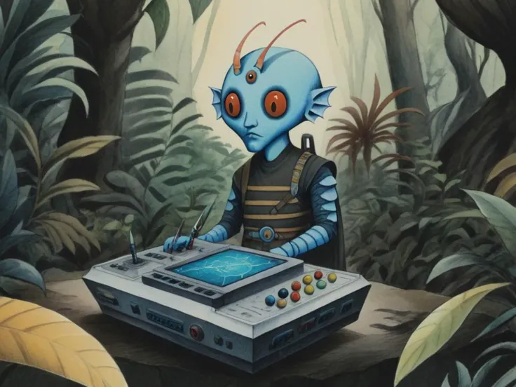 2d retro illustration, watercolor, pencil crayon, longsword and Changeling's Mimicry Jungle with control console and Sulfur Deposit Areas  
 simple face detail <lora:Fantastic_Planet_XL01:1.0>