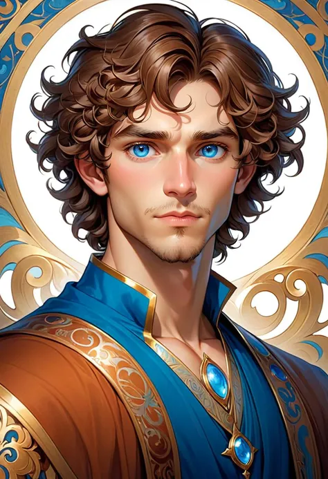 Disney style, A very clever young man with curly brown hair and blue eyes, beautiful painting by Artgerm and Greg Rutkowski and Alphonse Mucha and Moebius and ZdzisÅaw BeksiÅski, high detail, award winning art, 8k, intricate ornamental details, realistic, masterpiece, concept art, illustration, full body portrait, centered <lora:Details:0.85>, soft outlines, magnificent, ethereal, painterly, epic, fantasy art, dreamy.