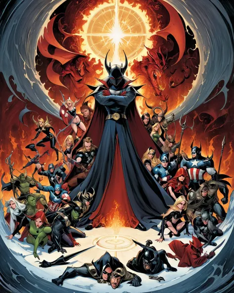 <lora:Hieronymus_Bosch_-_Godfather_of_Religious_Disturbism:0.4> <lora:JSC_Style:0.7> art by Bosch ,  J Scott Campbell style, masterpiece by Hieronymus Bosch, (the vengers assemble:1.5) in the Ninth Circle of hell "Treachery", the Lucifer is trapped in the frozen central zone, extremely detailed, sharp focus, intricate