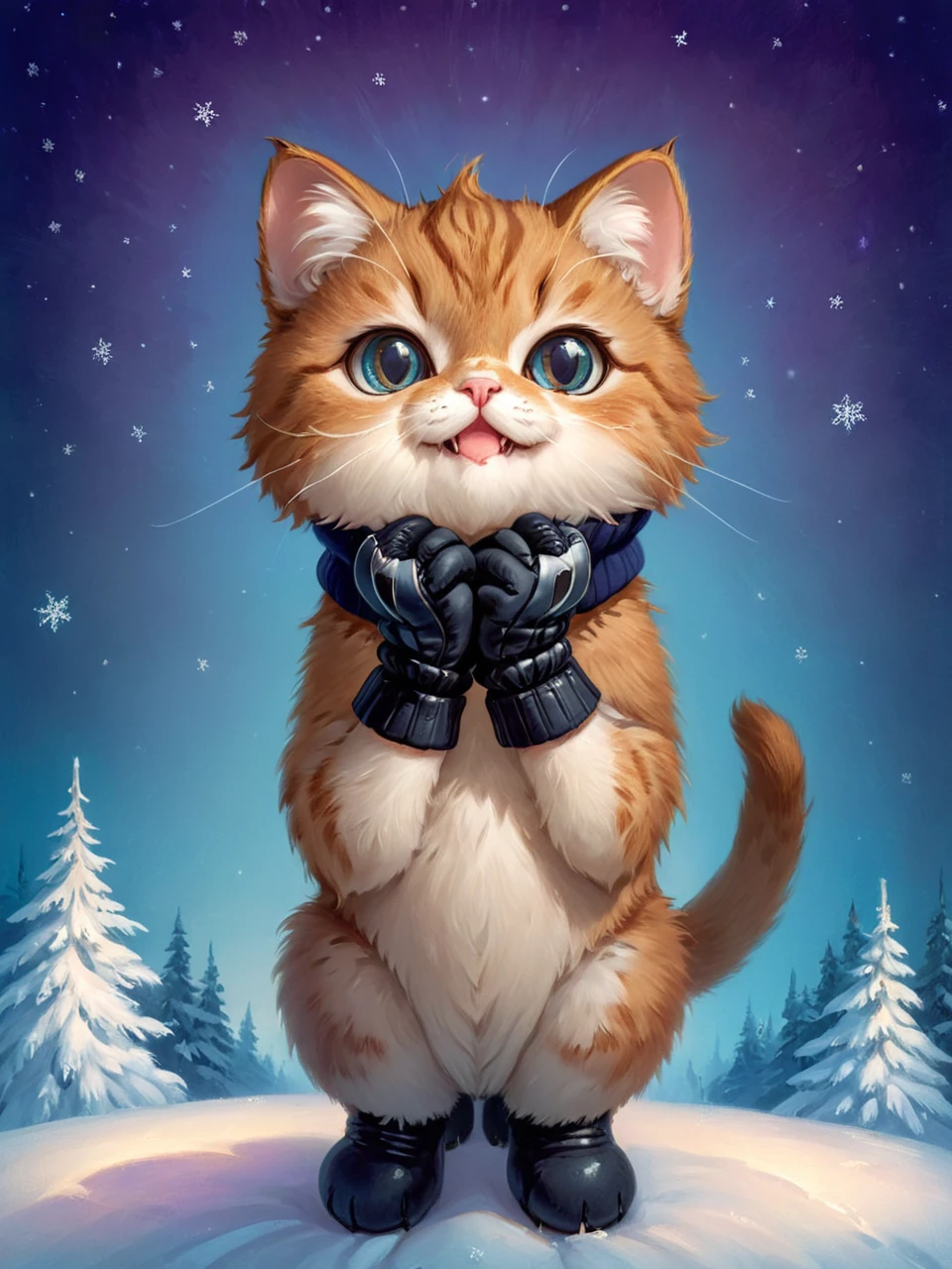cutie-pie cat wearing mittens, contrapposto, strong polar filter, evening light, hyper realistic <lora:zhibi:0.75>, zhibi, zdyna_pose, foreshortening, from below, nicely detailed, portrait by john Wilhelm, <lora:!action-sdxl-V0.5:0.75> <lora:Gerald_Brom_XL_-_Dark_Fantasy_Art:1> art by Gerald Brom