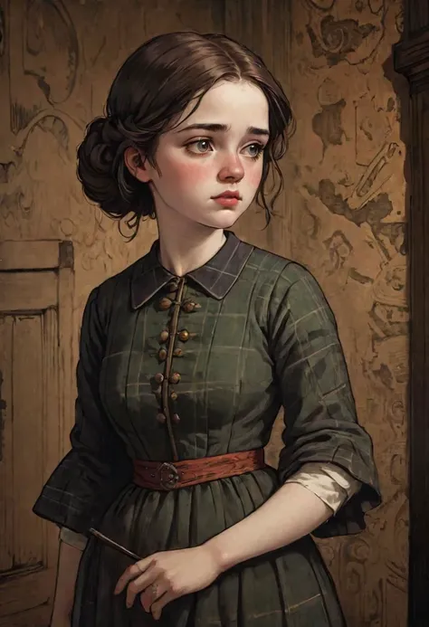 flat ink, thick outline, realistic illustration, 19th century, northern scotland, (full body shot:1.2) of a scottish young woman, 18 yo, slightly parted lips, serious expression, smug, in a (dark ancient room:1.2), skin bump, skin pores, skin fuzz, vellus facial hairs, subsurface scattering, transluscency, micro details, (natural backlighting:1.3), rim light, (dim light:1.2), soft shadows, depth of field