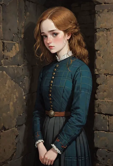 flat ink, thick outline, realistic illustration, 19th century, northern scotland, (full body shot:1.2) of a scottish young woman, 18 yo, slightly parted lips, serious expression, smug, in a (dark ancient room:1.2), skin bump, skin pores, skin fuzz, vellus facial hairs, subsurface scattering, transluscency, micro details, (natural backlighting:1.3), rim light, (dim light:1.2), soft shadows, depth of field