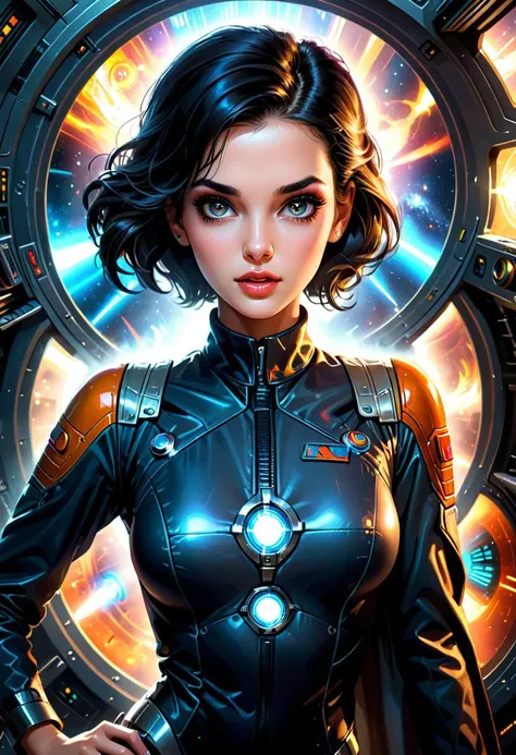 hyper-realistic portrait of a beautiful young woman, full shot and from below, black hair pulled back up, sharp features, grey eyes, retro-futuristic spaceship crew mechanic clothing. cheekbones, bright eyes, diamond shaped face, inquisitive expression, curious expression, cleavage, nipple slip, working in the retro-futuristic workshop on board a spaceship, detailed background, splash, big perfect eyes, rim lighting, epic Steven Spielberg movie still, emitting diodes, smoke, artillery, sparks, racks, system unit, motherboard, blade runner, style of Jay Anacleto and David Mattingly, symetrical eyes,\n\nvibrant colors, Ultra Realistic, High quality, Highly detailed, trending on artstation, intricate detailed background, \n\ntrending on ArtStation, Intricate, hyper detailed, ultra realistic, sharp focus, octane render, photorealistic