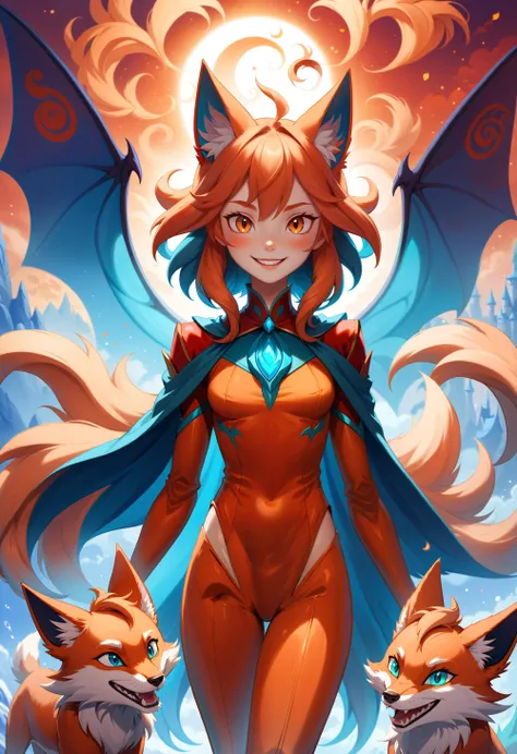 Disney style, A beautiful young Kitsune with (wicked smile:1.3) baring her fangs, nine tailed fox, ninetails, soft outlines, perfect eyes, dark pupils, magnificent, celestial, ethereal, painterly, epic, majestic, magical, fantasy art, dreamy, unique pose, dynamic pose,