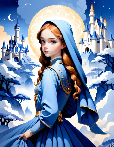 Disney style, a beautiful girl made entirely out of (Delfts blauw:1.4) in a porcelain environment, soft outlines, perfect eyes, dark pupils, magnificent, celestial, ethereal, painterly, epic, majestic, magical, fantasy art, dreamy, unique pose, dynamic pose,