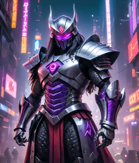 Masterpiece, professional photograph of a cyberpunk (Shredder:1.6) standing in Neo New York,cyberwear, (silver metallic armor), (glowing purple neon cape), metal spiked gloves, metal spiked shoulder pads, dynamic angle, ((intricate)) 90s cyberpunk, dynamic composition, (Red Foot Print symbol printed on armor), (UHD level ultra intricate detailed texture:1.2)