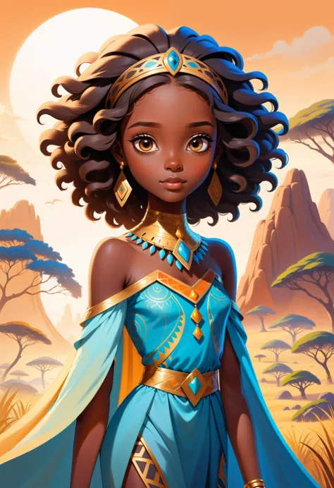 Illustration of black woman, Princesa da Floresta, universo de fantasia, Roupas africanas, usar roupas sobre todo o corpo, vestido longo preto, Sorriso leve, flor, background with sky and clouds and sunset