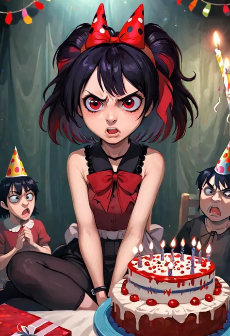 portrait, beautiful young girl, a headband bow, sitting behind a birthday cake, looking at viewer, dark shadows, angry expression, flushed, presents in background, red|black hair, VCuteStyle
