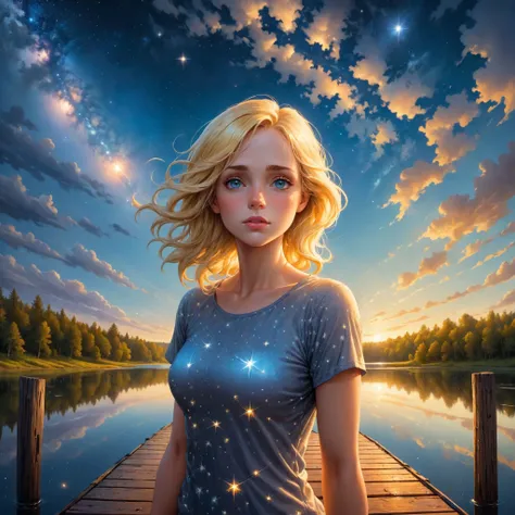 art by Phil Koch, Meghan Howland joung blonde woman Amazing (star field above) a beautiful landscape shot, by the lake, stunning reflection in a lake stood on a wooden dock, ultra highly detailed, detailed digital painting, highly detailed, intricated, intricated pose, clarity, high quality