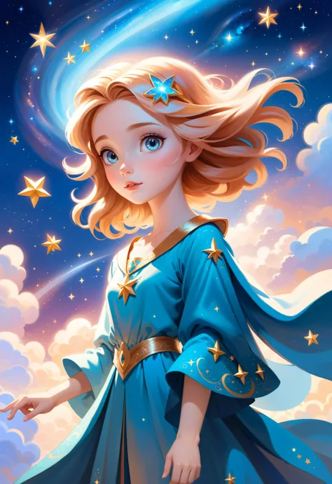 Disney style, a beautiful young girl princess in a shimmering, starry robe, residing in a celestial palace atop a floating cloud in the skies, where she watches over the dreams and wishes of children around the world. soft outlines, perfect eyes, dark pupils, magnificent, celestial, ethereal, painterly, epic, majestic, magical, fantasy art, dreamy, unique pose, dynamic pose,