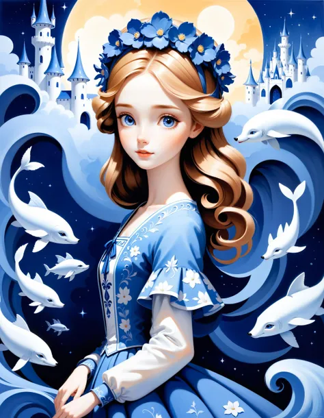 Disney style, a beautiful girl made entirely out of (Delfts blauw:1.2) in a porcelain environment, soft outlines, perfect eyes, dark pupils, magnificent, celestial, ethereal, painterly, epic, majestic, magical, fantasy art, dreamy, unique pose, dynamic pose,