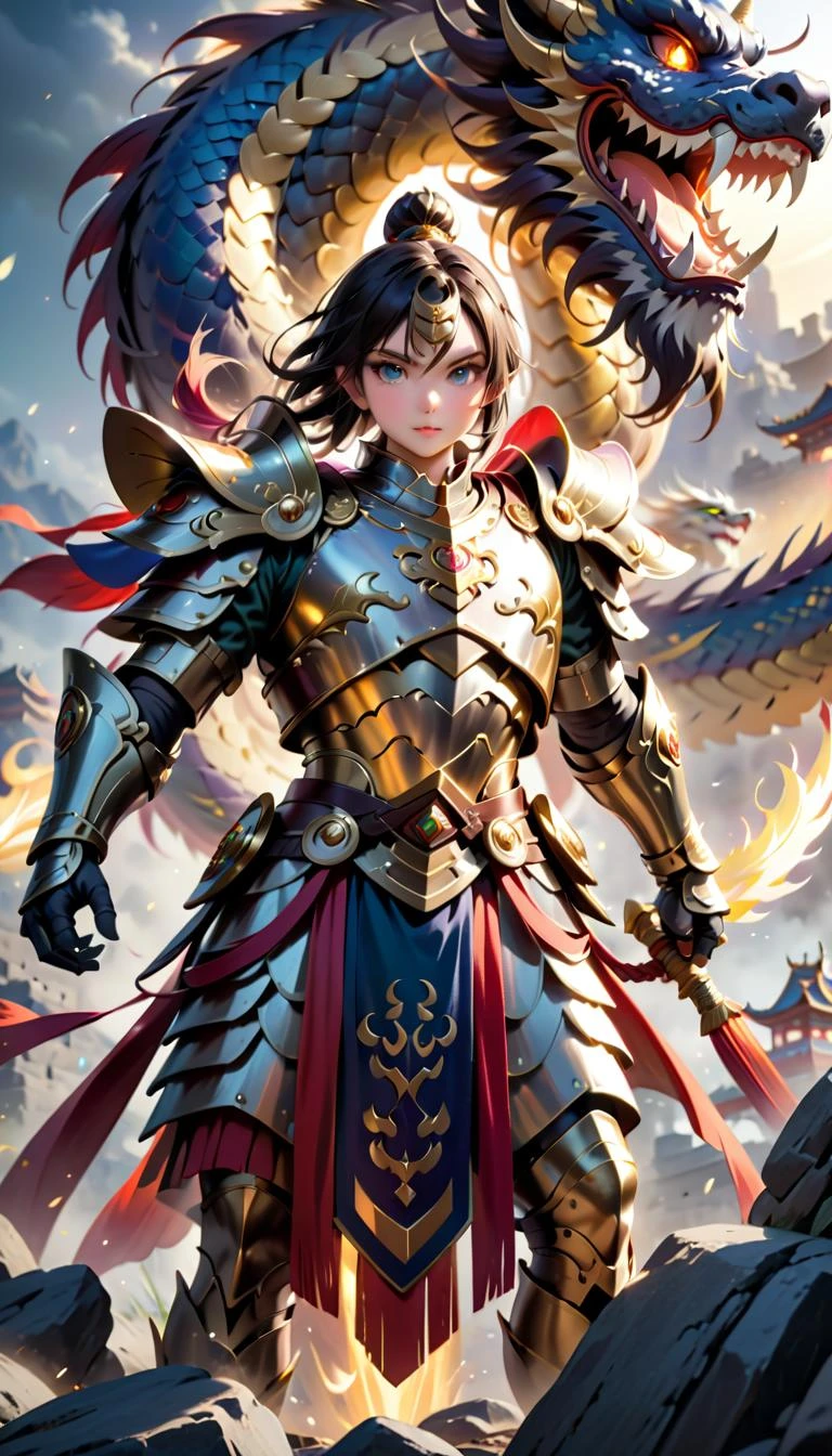 The Chinese warrior wore a magnificent suit of armor, 1boy, from below, an intricate chinese dragon coiled around the warrior's body, standing tall and proud, radiating strength and power, dragon's scales shimmered in the sunlight as they prepared to face any challenge that lay ahead. holding spear, small breasts, athletic, high contrast, vibrant color, sunset, golden light, full armor, highly detailed eyes, 3d style, majestic, fantasy art, highly detailed dragon eyes, embedding:SimplepositiveXLv1,
hyper detailed, ultra realistic, sharp focus, octane render, trending on CGSociety,