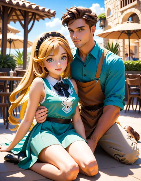 Disney style, a man hugging a beautiful voluptuous ((sexy waitress at starbucks:1.2)), (clothed, dressed:1.4), wearing (apron), erotic, naughty, sexy, sitting down, outdoor, soft outlines, perfect eyes, dark pupils, magnificent, celestial, ethereal, painterly, epic, majestic, magical, fantasy art, dreamy, unique pose, dynamic pose,