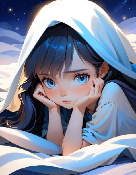 Disney style, A beautiful girl lying on her stomach (depressed, sad, crying:1.3) hiding under a blanket, soft outlines, magnificent, celestial, ethereal, painterly, epic, majestic, magical, fantasy art, dreamy, (anime, manga:1.2), (illustration:1.1), Disney, 