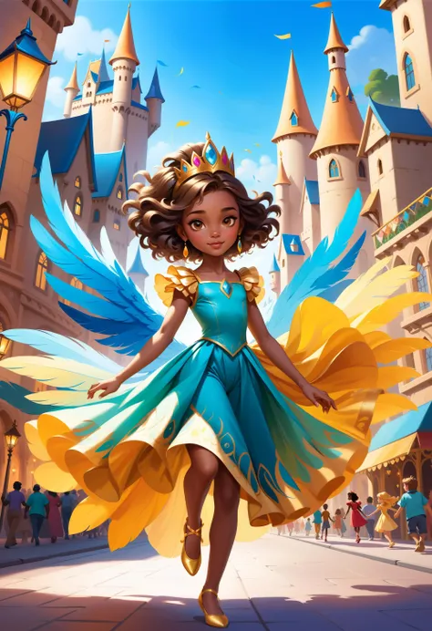 Disney style, A beautiful young girl princess in a vibrant, feathered carnival costume, reigning over a festive, colorful city during a yearly celebration filled with music, dance, and excitement. soft outlines, perfect eyes, dark pupils, magnificent, celestial, ethereal, painterly, epic, majestic, magical, fantasy art, dreamy, unique pose, dynamic pose,