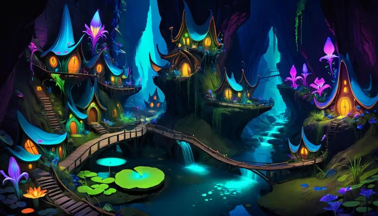 Whimsical bioluminescent faerie village at night, blacklight makeup, round faerie houses in the face of a steep cliff wall, canyon with stream in bottom, lily pads, vibrant colors, balconies, scifi style, futuristic, technological, alien worlds, space themes, advanced civilizations, style of Tim Blandin
highly detailed, artstation, sharp focus, illustration, High quality, Highly detailed, trending on artstation,