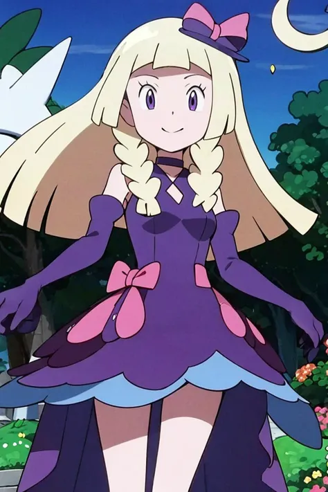 <lora:Alola_Style:0.65>,centered, award winning photo, (looking at viewer:1.2), | Haunter_Pokemon, floating | crescent moon, graveyard, | bokeh, depth of field, cinematic composition, | <lora:Haunter_Pokemon_Anime:0.9>, 1girl, purple eyes, smile, very long hair, blonde hair, long blonde hair,( french braid:1.1), bangs, medium breasts, hair ribbon, frilled choker, criss-cross halter, (purple dress dress:1.1), sleeveless dress, high-waist skirt, backless dress, waist bow, black detached sleeves, frilled sleeves, small top hat, <lora:lillie_(pokemon)_v1:0.7>, aalillie,