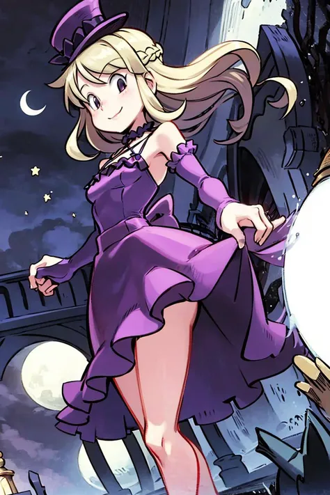 <lora:Alex_Ahad_Style:0.8>,centered, award winning photo, (looking at viewer:1.2), | Haunter_Pokemon, floating | crescent moon, graveyard, | bokeh, depth of field, cinematic composition, | <lora:Haunter_Pokemon_Anime:0.9>, 1girl, purple eyes, smile, very long hair, blonde hair, short hair, blunt bangs, hime cut, ( french braid:1.1), bangs, medium breasts, hair ribbon, frilled choker, criss-cross halter, (purple dress dress:1.1), sleeveless dress, high-waist skirt, backless dress, waist bow, black detached sleeves, frilled sleeves, small top hat,