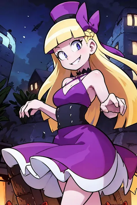 <lora:the_other_half_style:0.8>,centered, award winning photo, (looking at viewer:1.2), | Haunter_Pokemon, floating | crescent moon, graveyard, | bokeh, depth of field, cinematic composition, | <lora:Haunter_Pokemon_Anime:0.9>, 1girl, purple eyes, smile, very long hair, blonde hair, short hair, blunt bangs, hime cut, ( french braid:1.1), bangs, medium breasts, hair ribbon, frilled choker, criss-cross halter, (purple dress dress:1.1), sleeveless dress, high-waist skirt, backless dress, waist bow, black detached sleeves, frilled sleeves, small top hat,