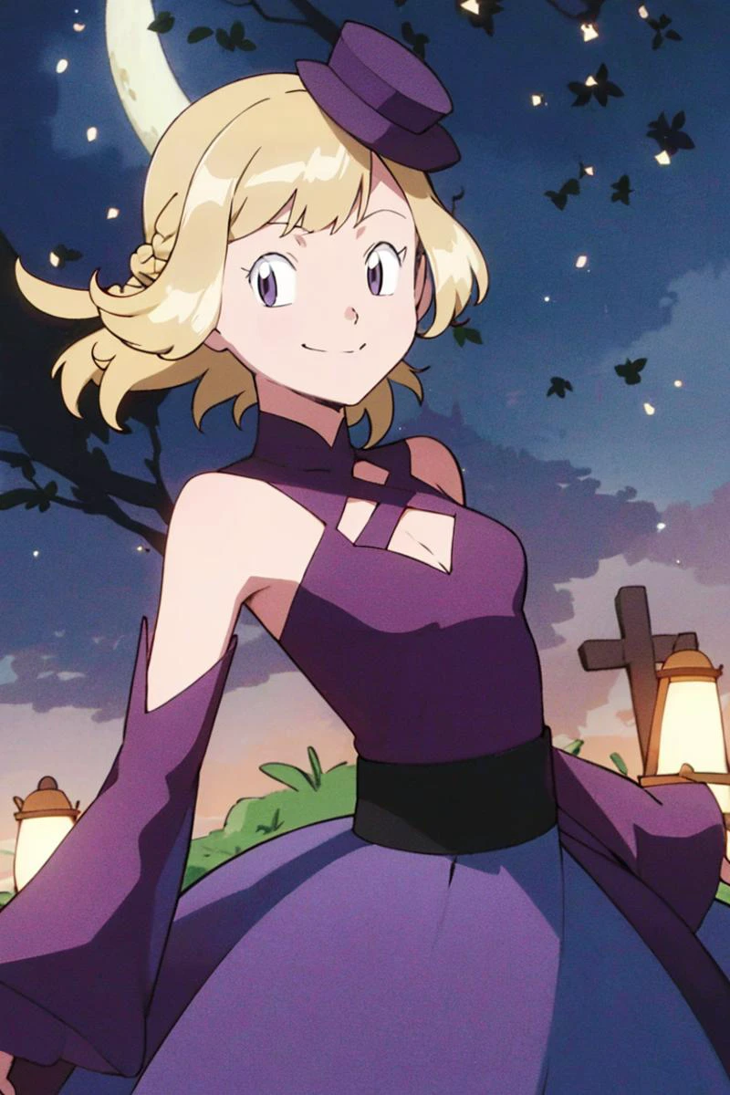 <lora:noelia_ponce_style:0.8>,centered, award winning photo, (looking at viewer:1.2), | Haunter_Pokemon, floating | crescent moon, graveyard, | bokeh, depth of field, cinematic composition, | <lora:Haunter_Pokemon_Anime:0.9>, 1girl, purple eyes, smile, very long hair, blonde hair, short hair, blunt bangs, hime cut, ( french braid:1.1), bangs, medium breasts, hair ribbon, frilled choker, criss-cross halter, (purple dress dress:1.1), sleeveless dress, high-waist skirt, backless dress, waist bow, black detached sleeves, frilled sleeves, small top hat,